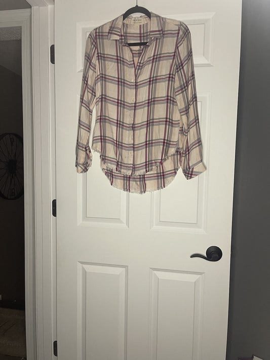 Cloth And Stone Button Up Blouse Small Frayed Bottom Pink Plum Gray Stripe 