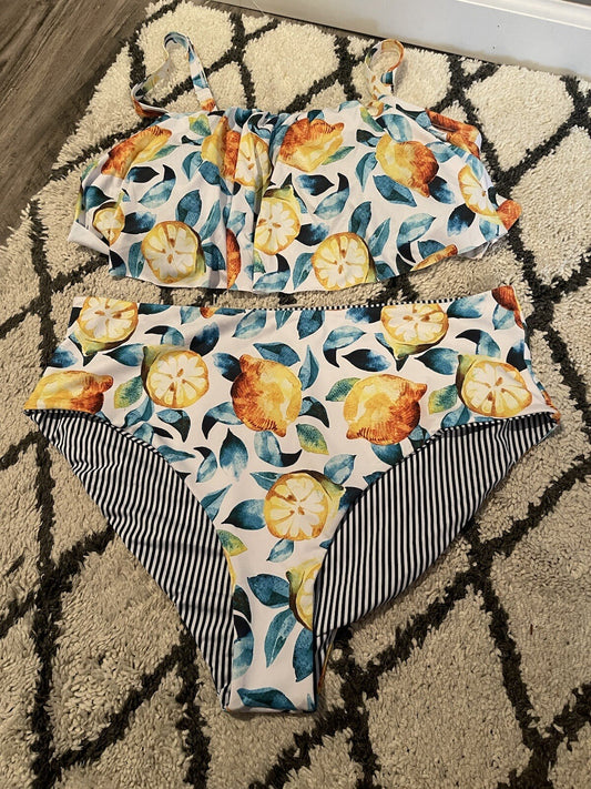 Cupshe High Waisted 2 Piece Swimsuit 1xl Reversible 