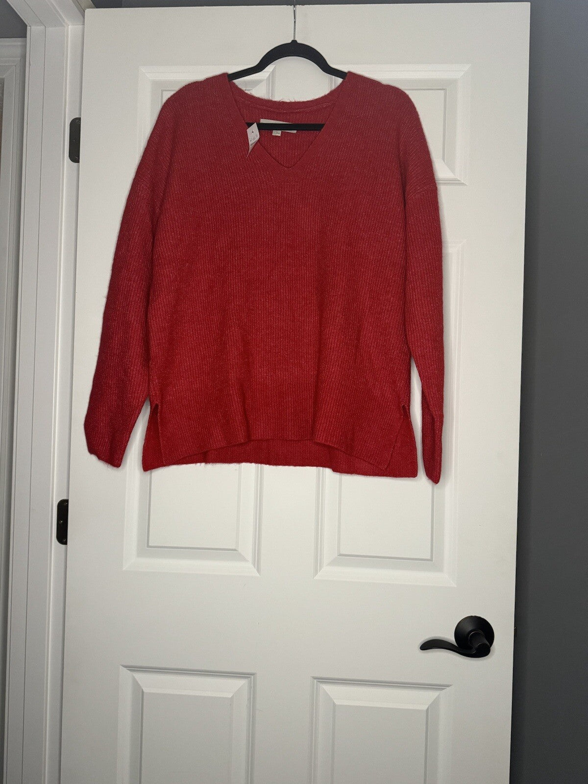 Loft V Neck Sweater Large Slits In Sides Red White Heathered Mix Nwt 