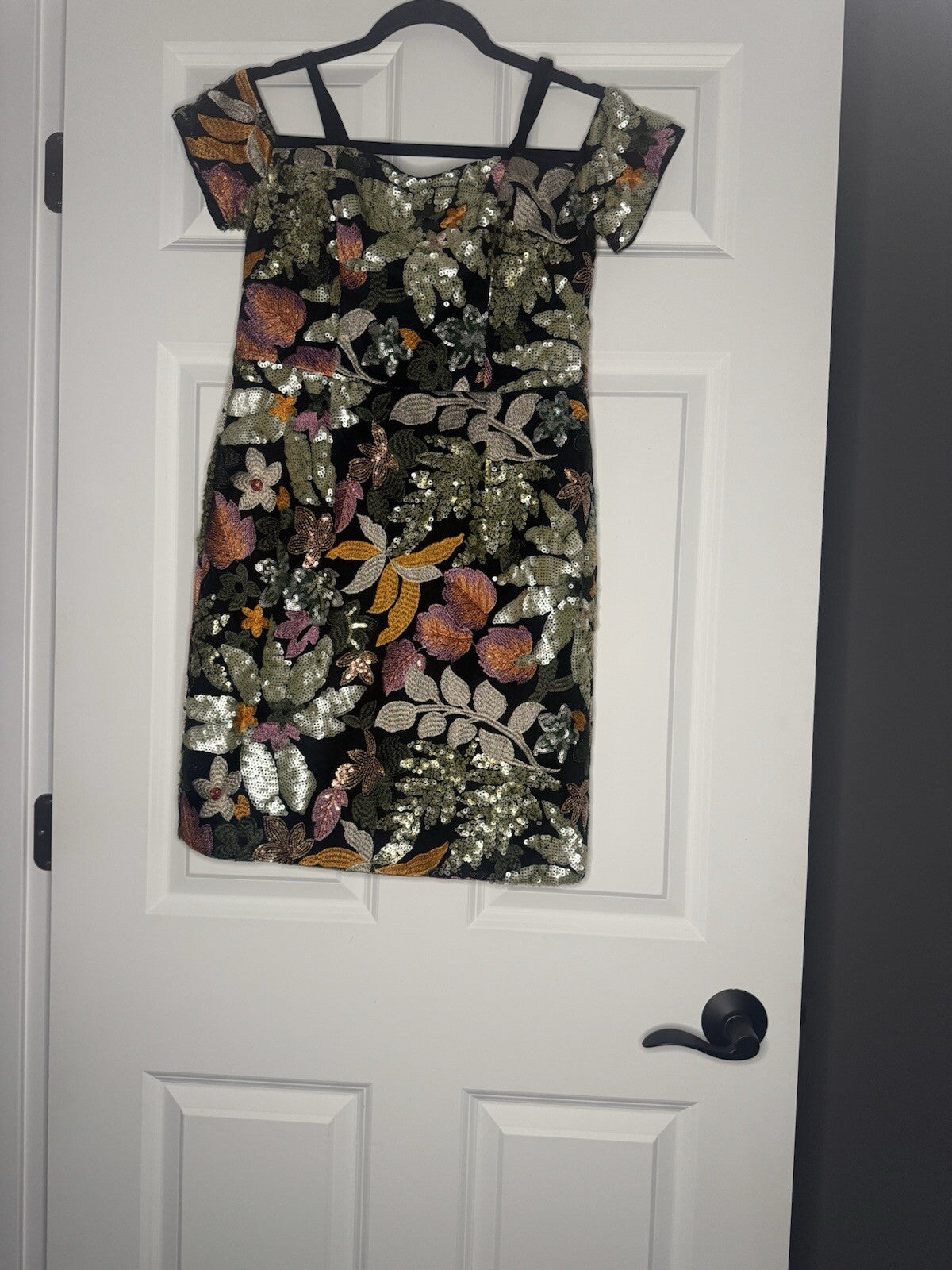 Thml Off Shoulder Dress Black W Floral Stitch And Sequins Small Nwt  Super Cute