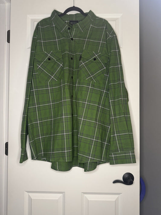 Harley Davidson Button Up Long Sleeve Men’s 4xl Green White Gray Plaid
