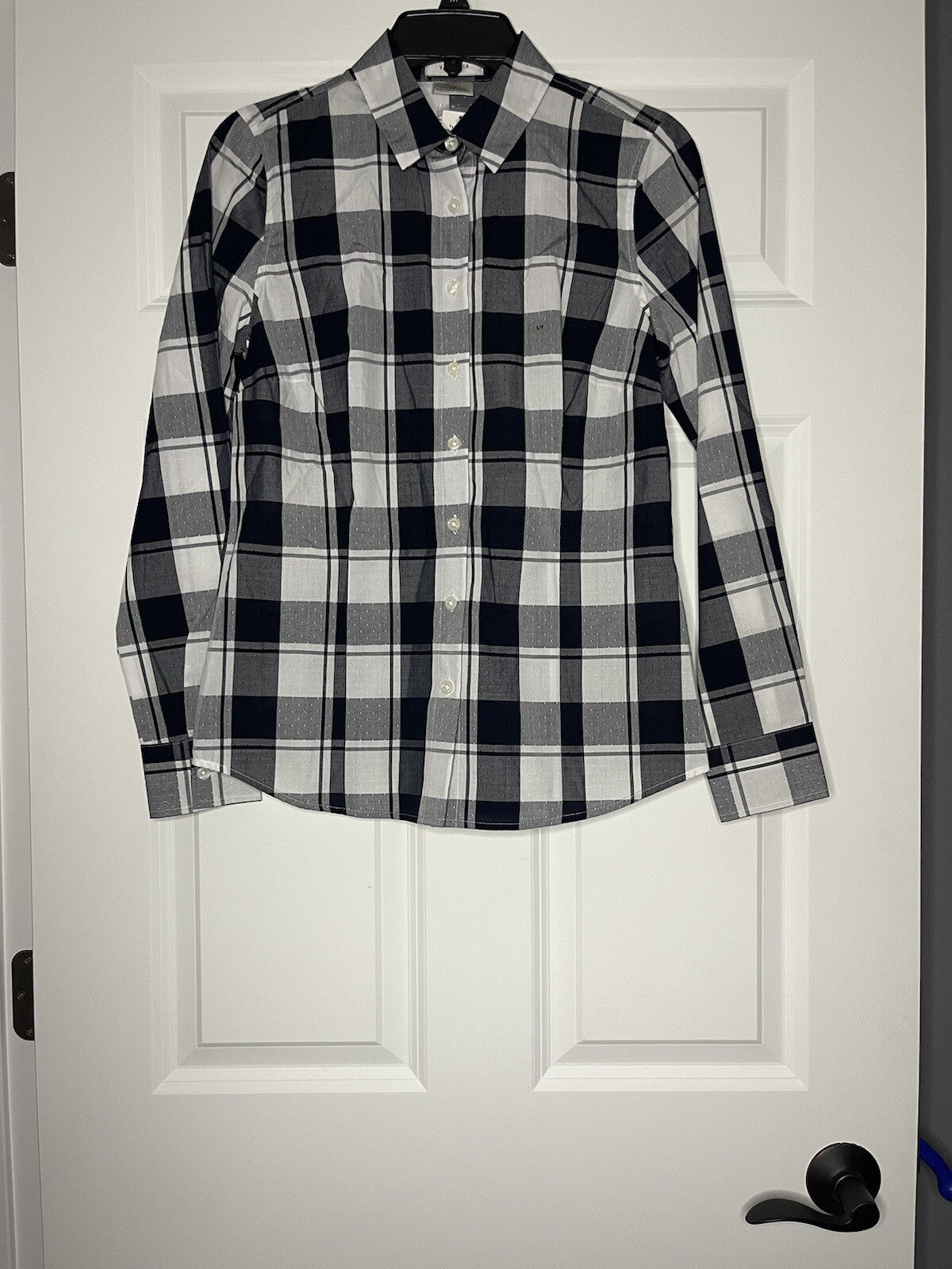 VanHeusen button up blouse small navy white checkered with stitching NWT 