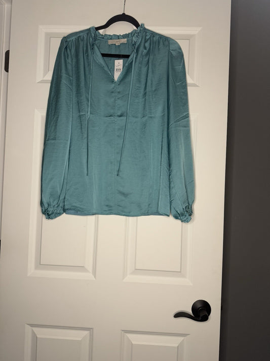 Loft Long Sleeve Shiny Teal Blouse Ruffle Collar Large Nwt 