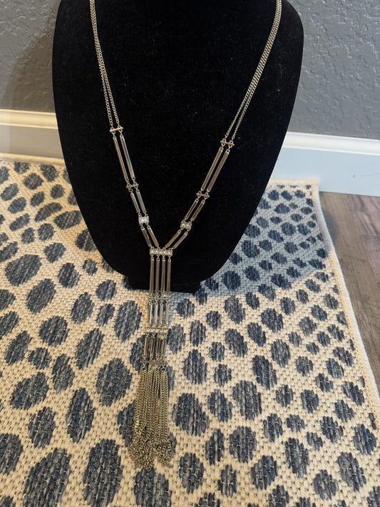 White House Black Market Long Silver Rhinestone Necklace 
