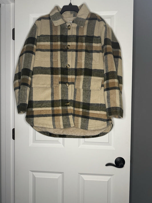 American Eagle Heavy Shacket Large Brown Green Beige Plaid 
