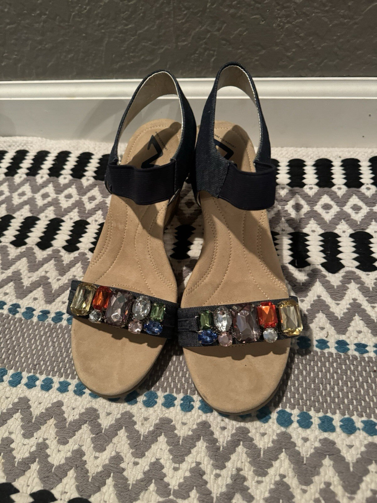 Anne Klein Sport Strappy Heels 8.5 Blue Jean W Multi Beading