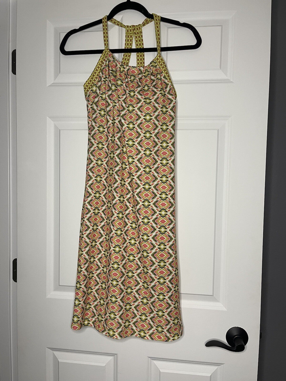 Prana Sleeveless Dress Medium Pink Green Cream Print built in bra