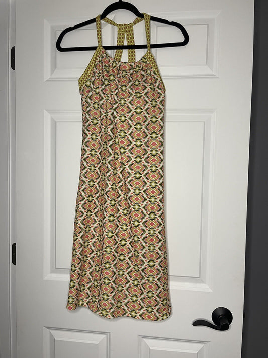 Prana Sleeveless Dress Medium Pink Green Cream Print built in bra