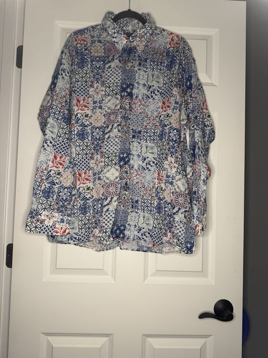 Cremeiux Men’s Button Up Shirt Xl White W Blue Pink Purple Green Multi Print 