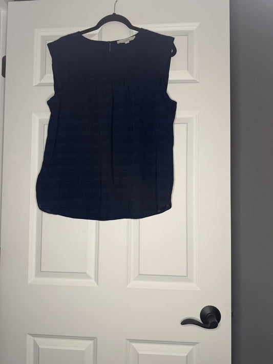 Loft Short Sleeve Blouse Large Navy Stripe Ruffle Chest Nwt 49.95