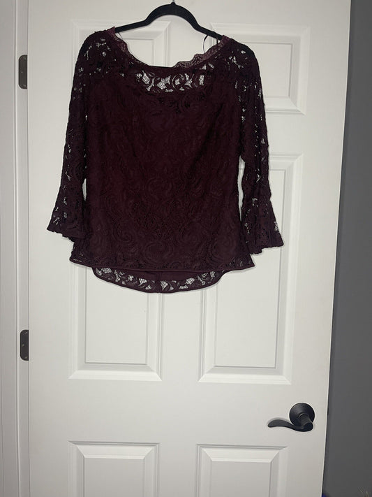 Adrianna papell lace blouse large maroonish plum NWT 