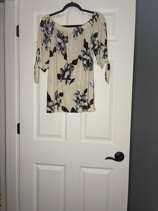 Coco Main 3/4 Sleeve Blouse Small Beige With Brown Blue Floral 