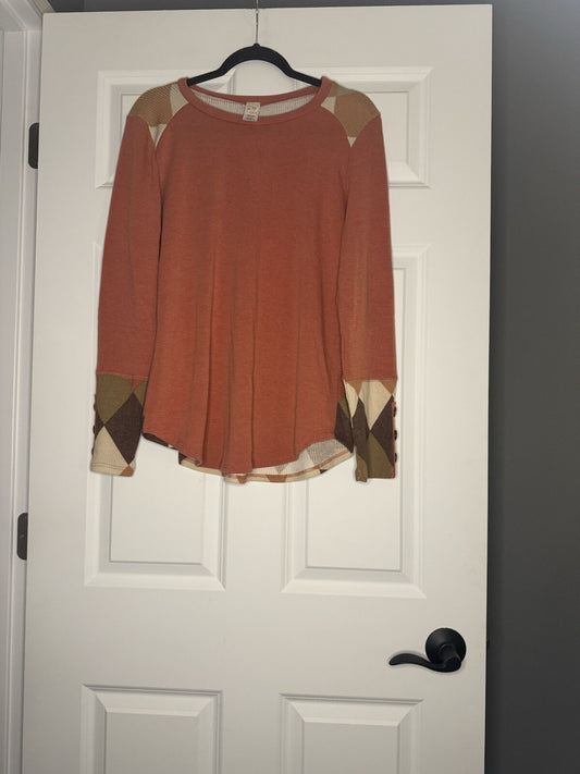 7th Ray Long Sleeve Top Xl Faded Orange Brown Cream Print Nwt 36