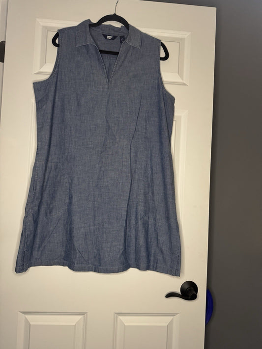 Lands End Sleeveless Collared Dress 14/16 Large Blue Jean W Pockets 