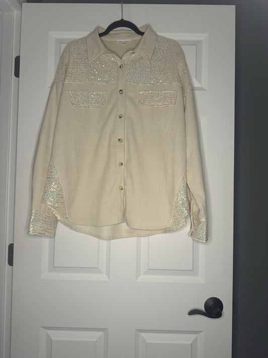 Sewn And Seen Shacket Large Cream W Iridescent Sequins 