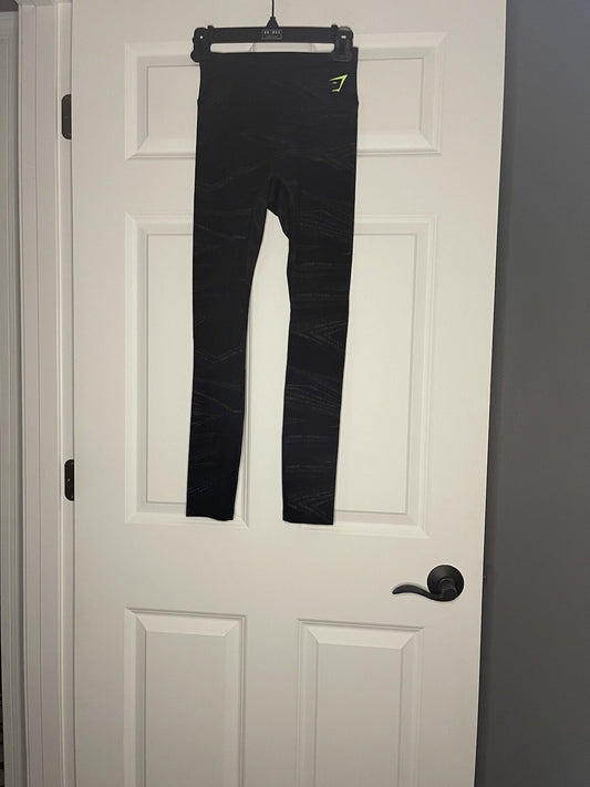 Gymshark Leggings Black W Gray Lettering Logo Neon Green Logo