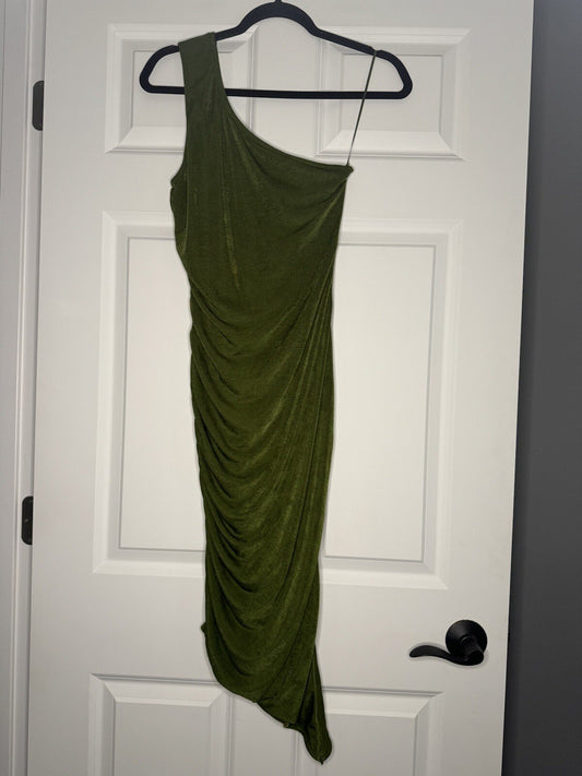 Dee Elly One Shoulder Dress Small Cinched Sides Green Shiny 