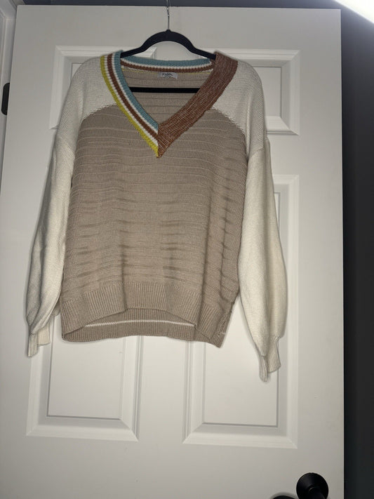 Polagram V Neck Sweater Large Cream Brown Lime Blue 