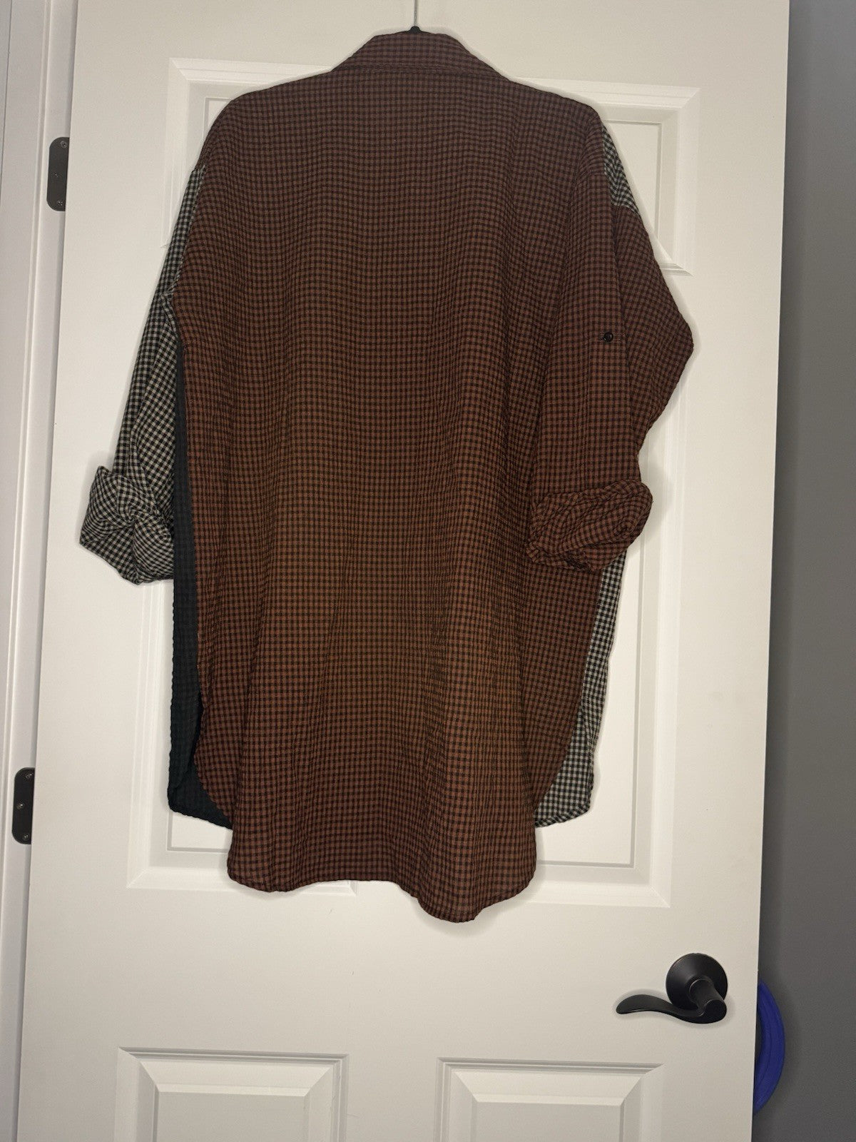 Hers And Mine Button Up Top Large Beige Red Green Blue Checkered