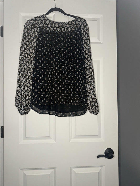 Loft Long Sleeve Blouse Navy Taupe Cream Print Sheer Sleeves Nwt 64.50