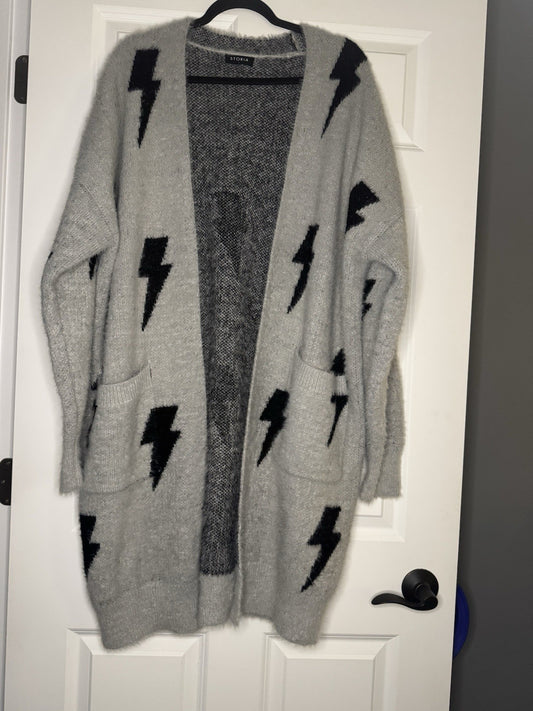 Storia Long Cardigan Large Gray With Black Lightning Bolts So Soft 