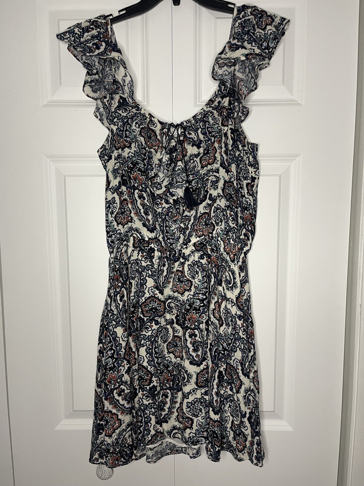 American Eagle dress medium blue red cream black floral 