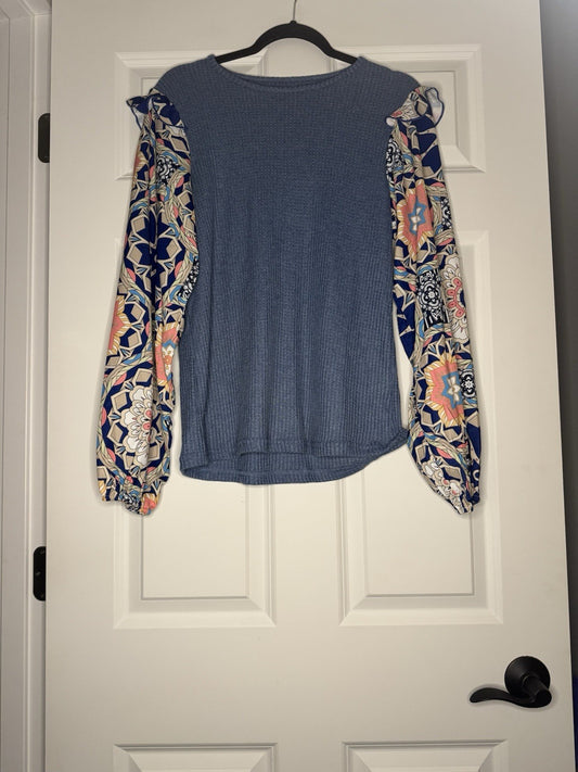Unbranded Long Sleeve Blouse Large Blue Body Tan Blue Pink Green Print Ruffle Al