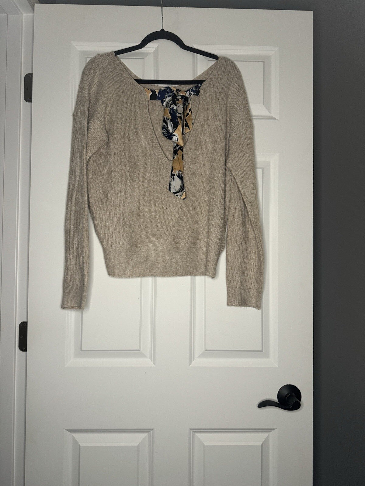 Hem And Thread Sweater Ribbed Tan Large Tie In Back Navy Gold Nwt 