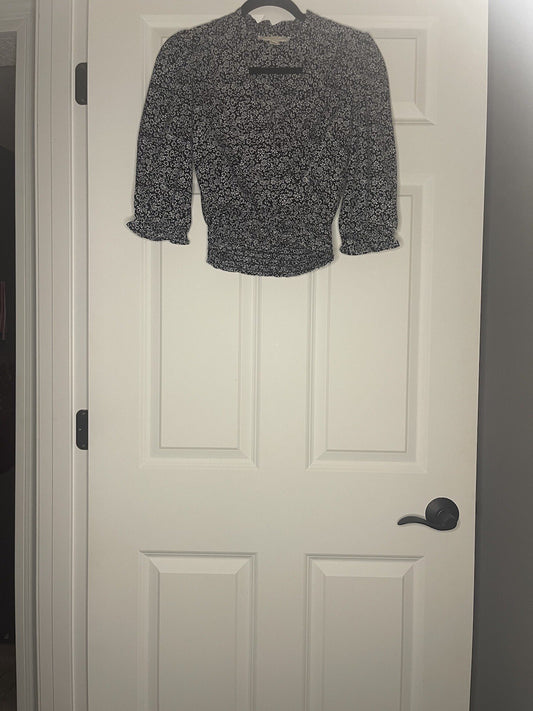 Monteau 3/4 Sleeve Blouse Black White Floral Small 