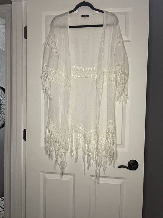 Vivid Swimsuit Coverup Large White W Fringe