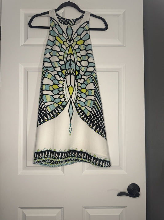 Akira Chicago Sleeveless Dress Small White W Teal Lime Print 
