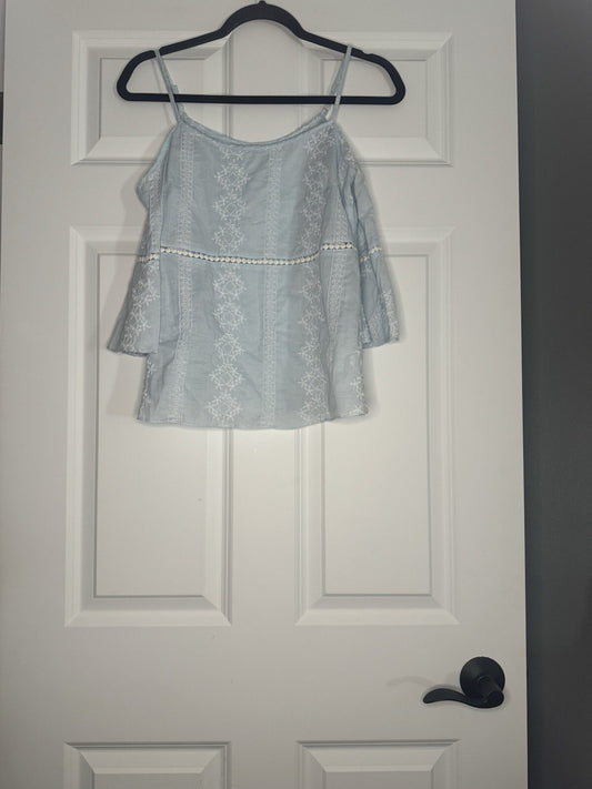 Do Be 3/4 Sleeve Blouse Small Cut Out Shoulders Light Blue Pom Decor Stitch Flor