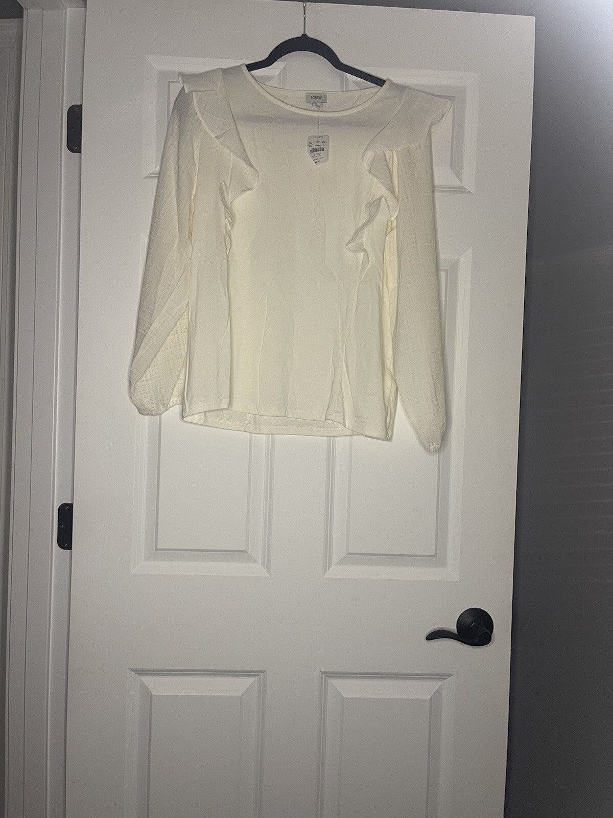 J Crew Long Sleeve Blouse Ivory With Ruffle And Stripe Print Sleeves Nwt 69.50