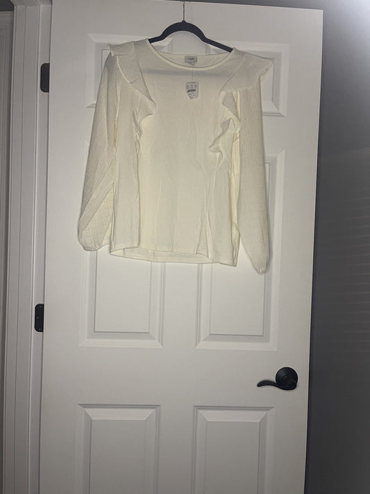 J Crew Long Sleeve Blouse Ivory With Ruffle And Stripe Print Sleeves Nwt 69.50