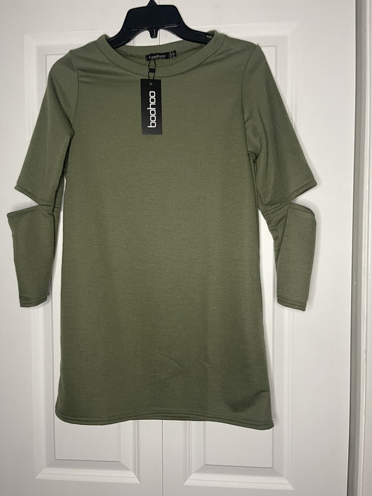 Boohoo slash sleeve sweater dress olive size 8 nwt 