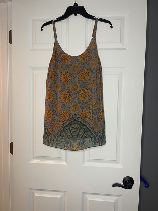 cabi sleeveless blouse small taupe orange blue green floral 