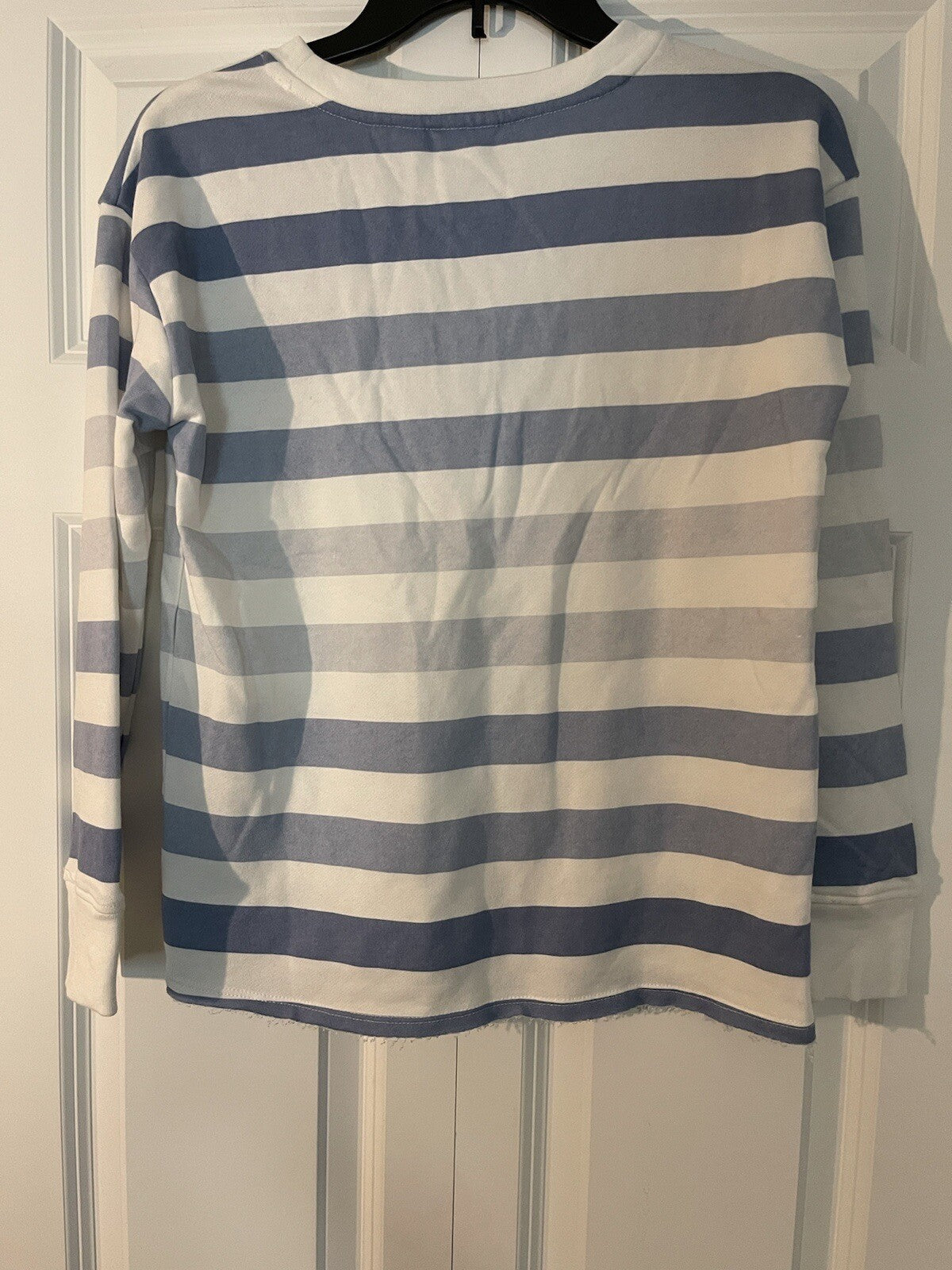 Doe crew neck sweatshirt xs blue and white striped good vibes nwt 