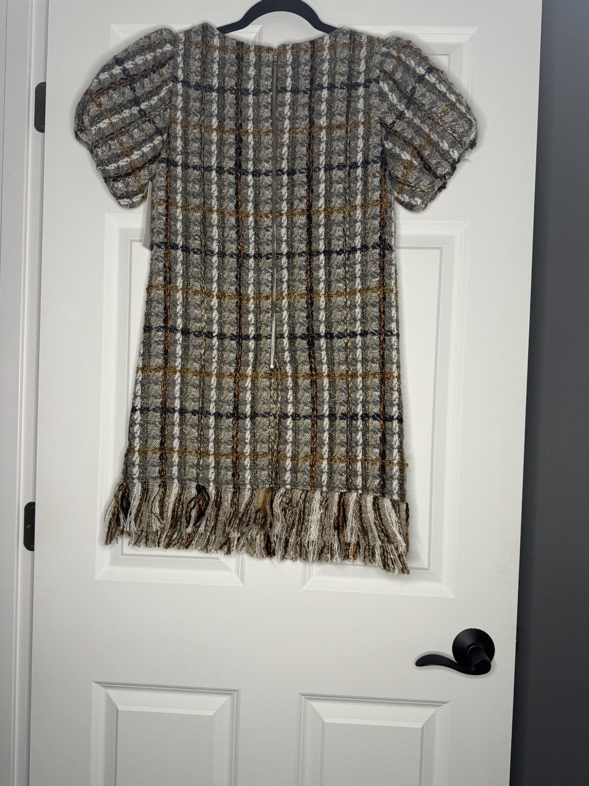 Aura Short Sleeve Dress Small Ivory Beige Gray Mustard Stitching Nwt 