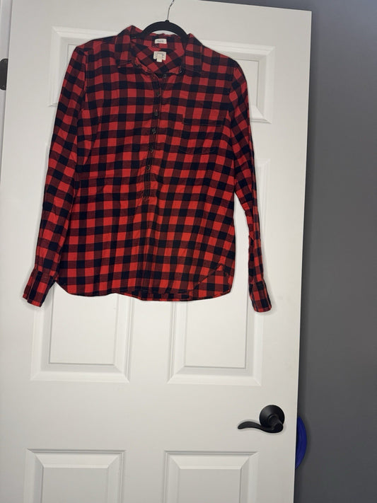 J Crew Perfect Fit Half Button Down Up Long Sleeve Large Red And Navy Checkered 