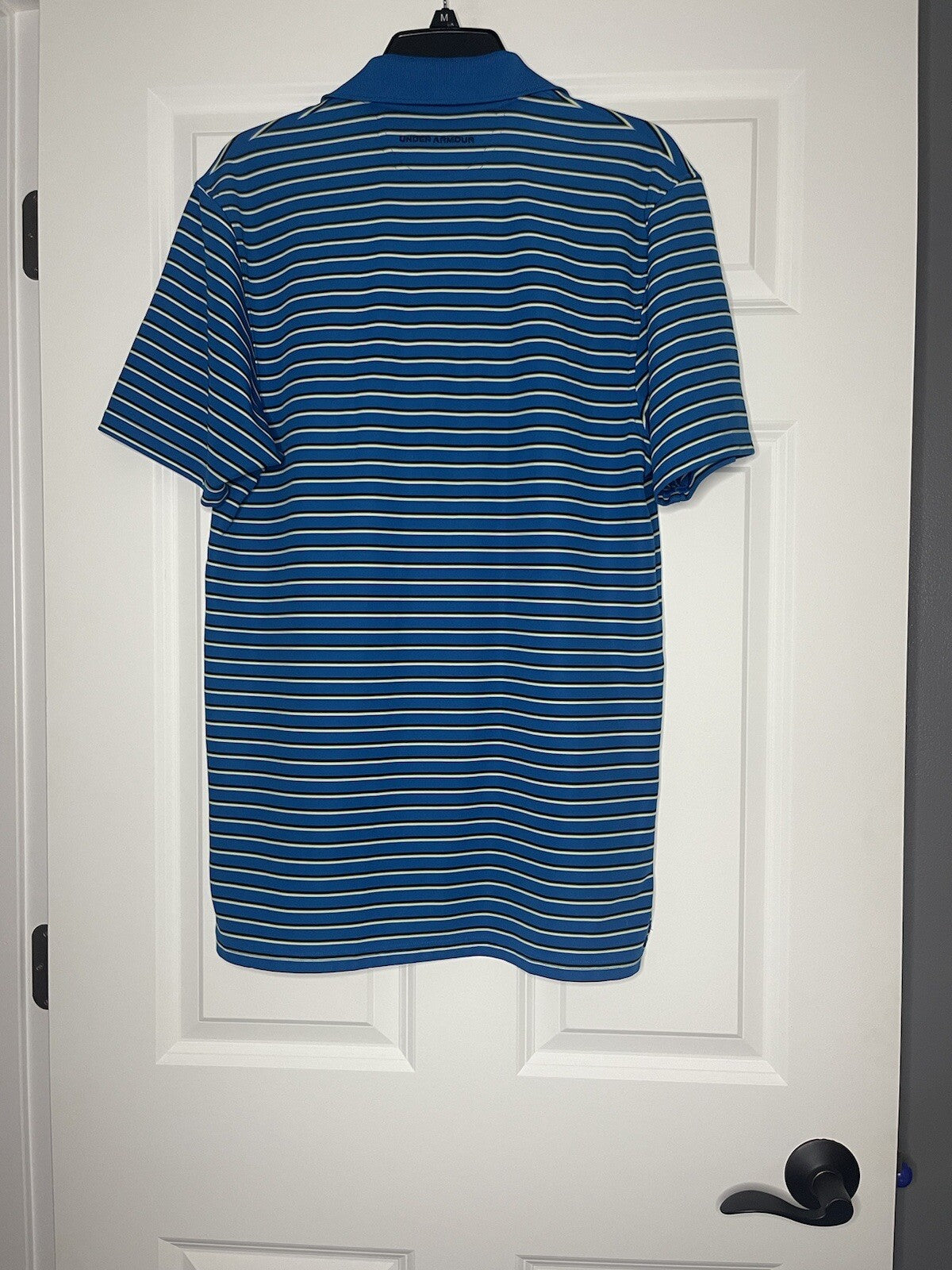 Under armour loose heat gear polo short sleeve small blue yellow white stripe 