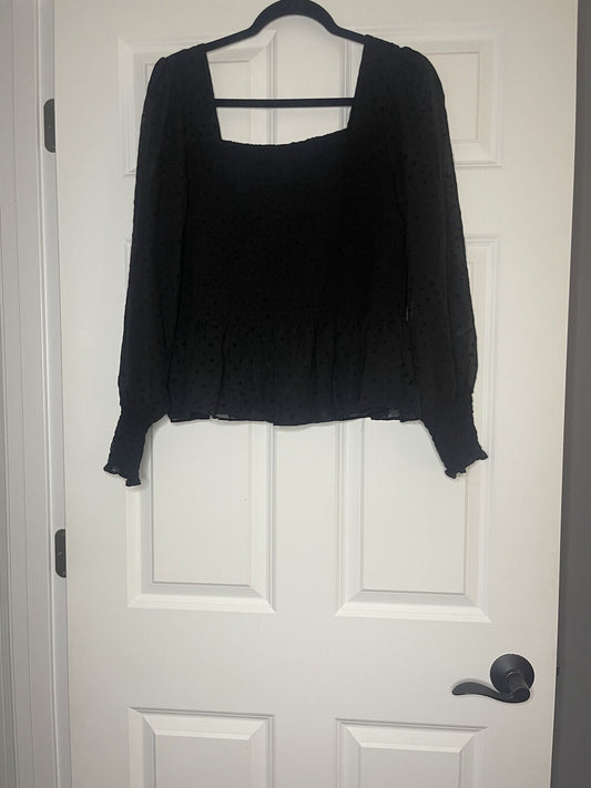 Nine West Black Long Sleeve Blouse W Polka Dot And Sheer Sleeves Xl Nwt 