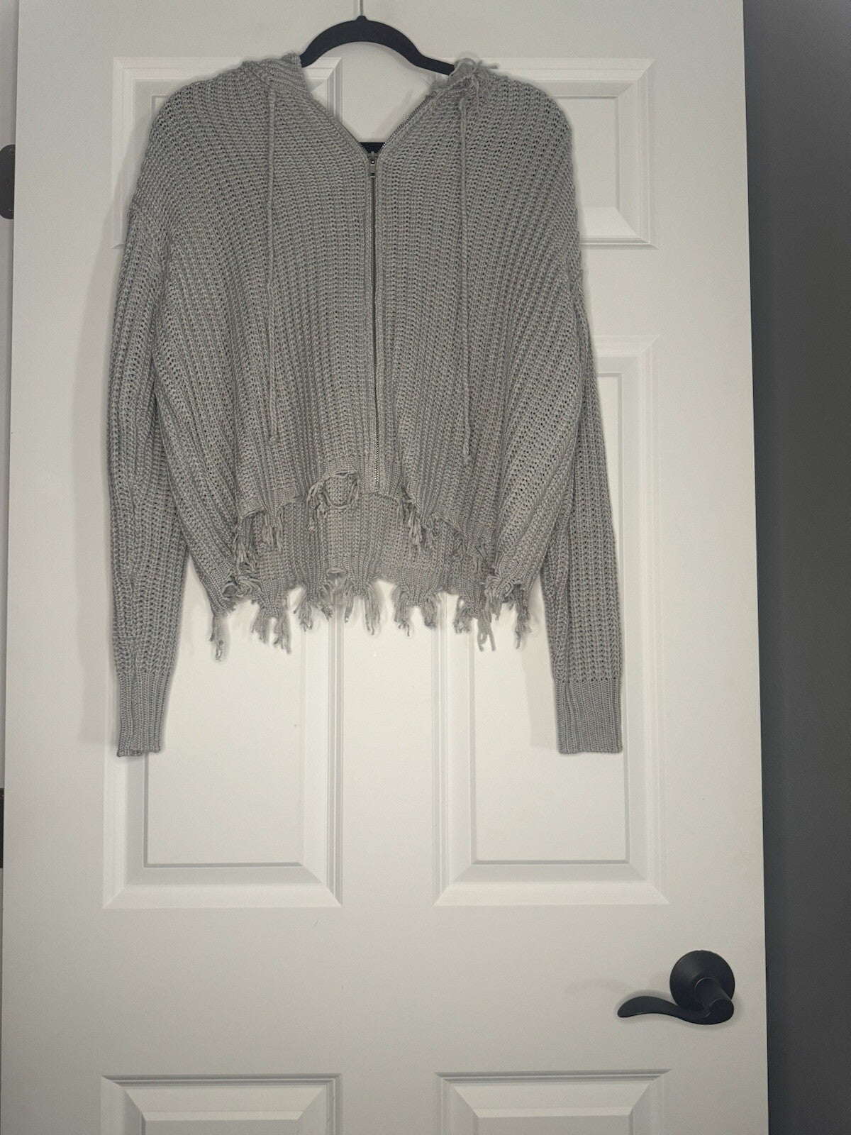 Elan Zip Up Hooded Sweater Gray  Distressed Small Nwt $58