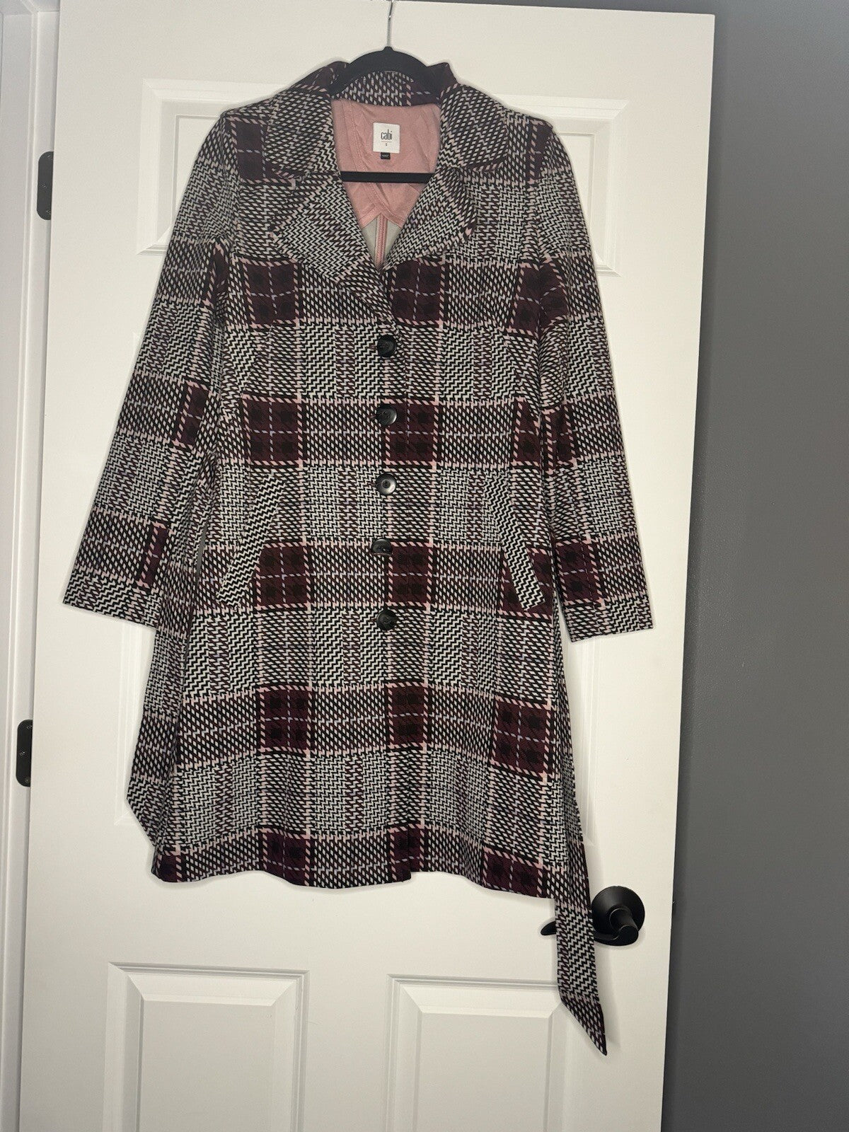 Cabi Jacket With Belt Small Black Plum White Pink Lavender Print