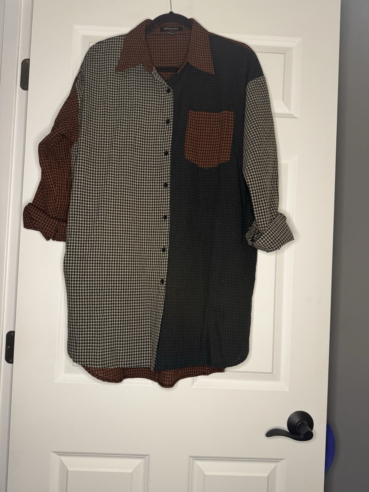 Hers And Mine Button Up Top Large Beige Red Green Blue Checkered