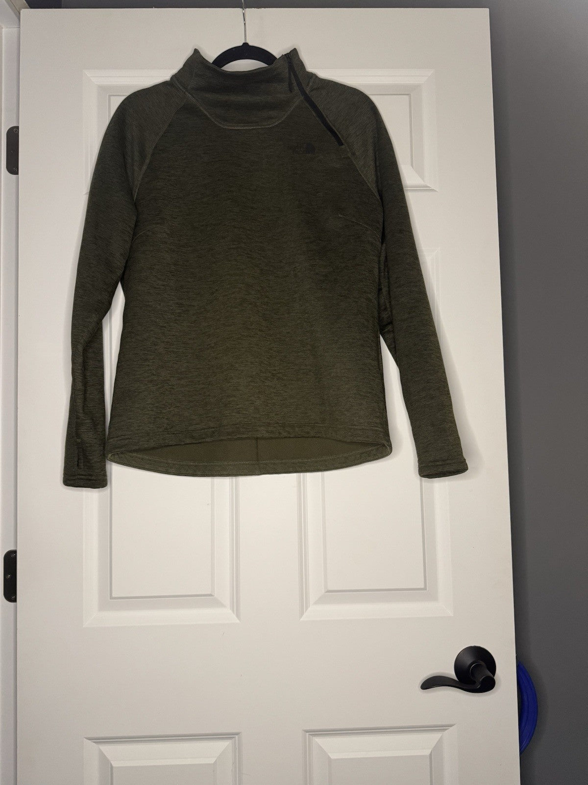 The North Face Sweatshirt Zipper On Side Collar Large Green Black Heathered 