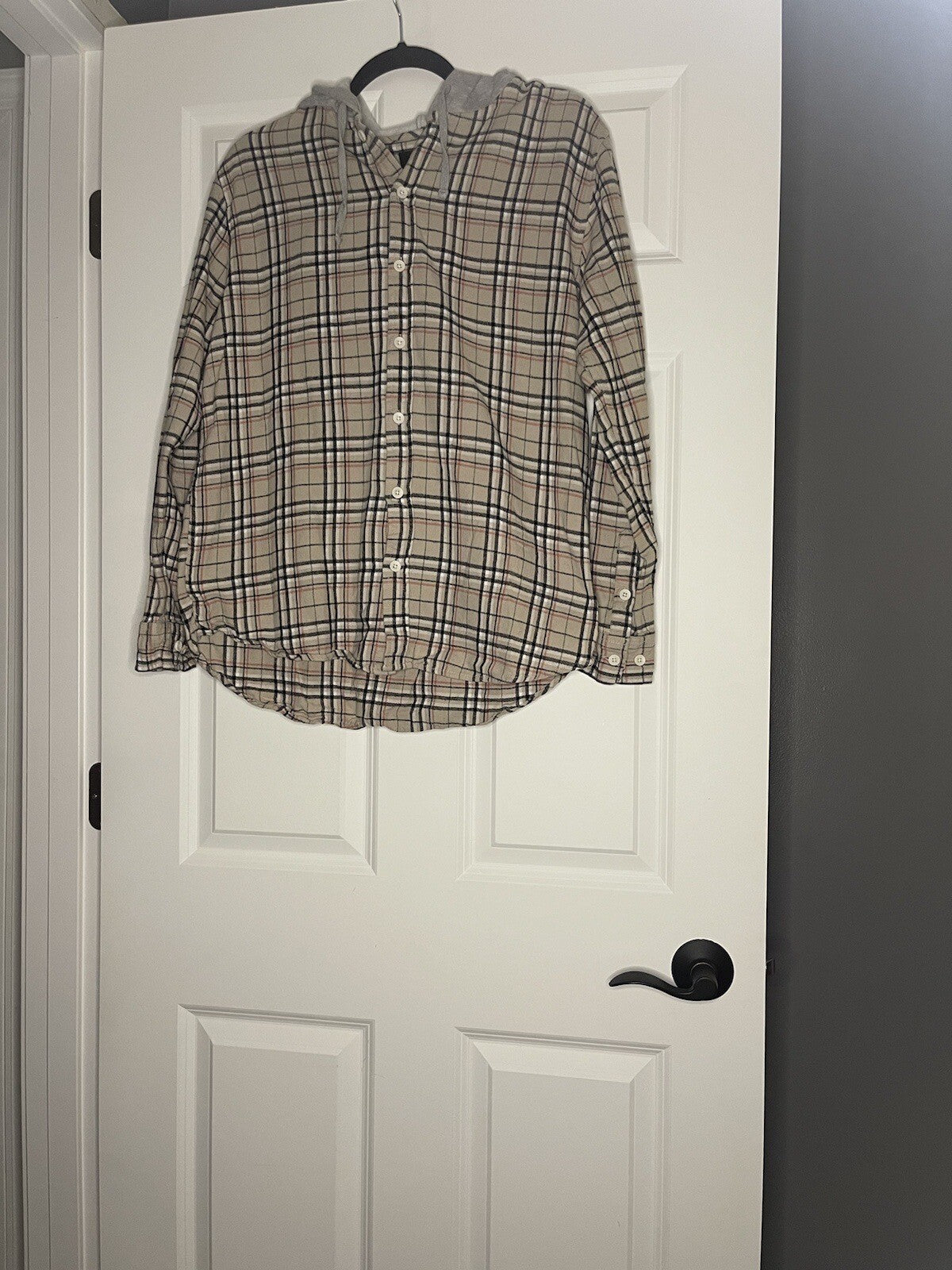 Pacsun Button Up Flannel With Hood Medium Brown Black Coral White Stripe Gray Ho