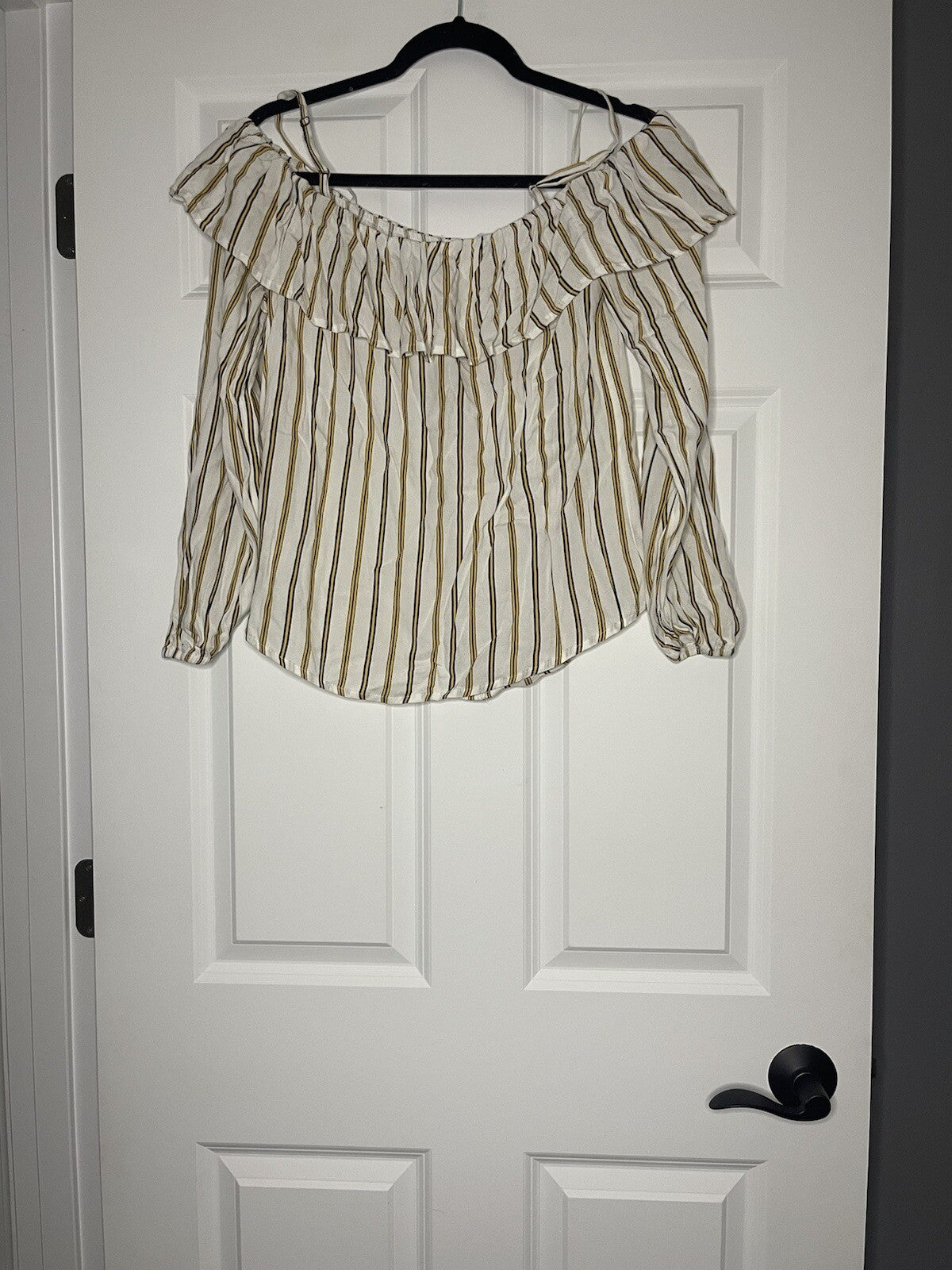 Maurice’s 3/4 Sleeve Blouse White Mustard Black Stripe Small Nwt 
