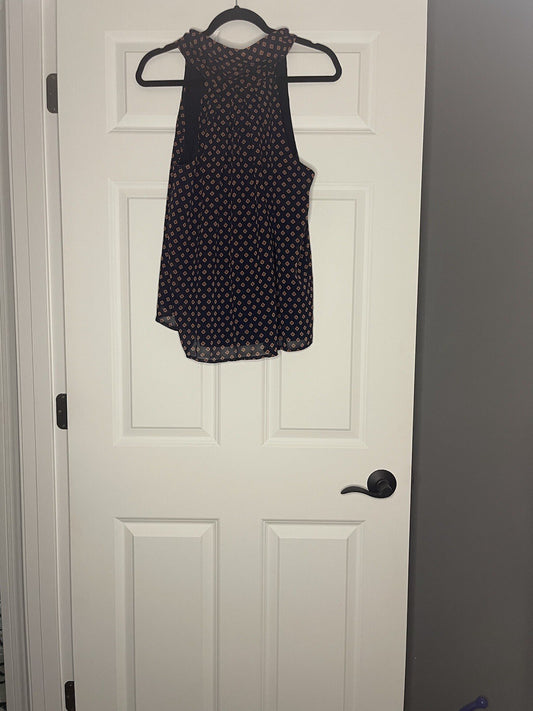 Banana Republic Sleeveless Tie Neck Blouse Large Navy W Multi Print Nwt Msrp 55