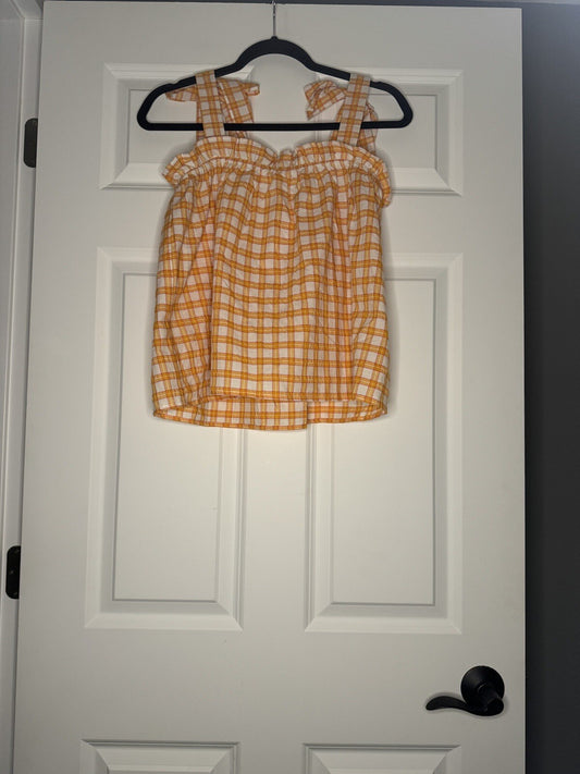 Mine Sleeveless Blouse Tie Straps Large Orange Pink White Stripe 