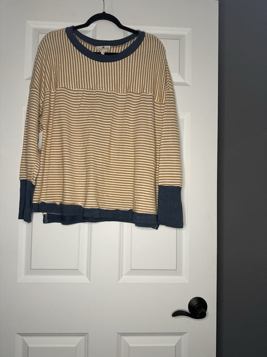 Betseys Boutique Shop Long Sleeve Blouse Xl Mustard Cream Stripe Blue Trim Slits